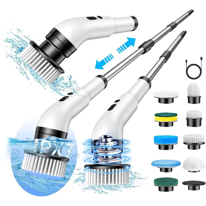 Perie Electrica Rotativa pentru Curatare Bucatarie Baie Pardoseala Geamuri Masina 9 Capete Autonomie 90 de Minute 450 RPM 2 Viteze Maner Extensibil de 137 cm Reincarcabila USB Aluminiu Alb