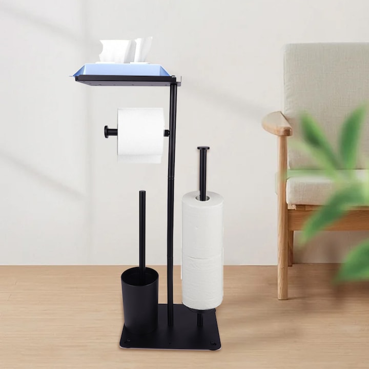 Suport pentru Hartie Igienica 4 in 1 71x24x17cm Necesita asamblare cu Perie Design Modern Multifunctional Cutie de Depozitare Rezerva pentru Hartie Igienica Perie de Toaleta lynker 71x24x17cm Metal Inox Negru