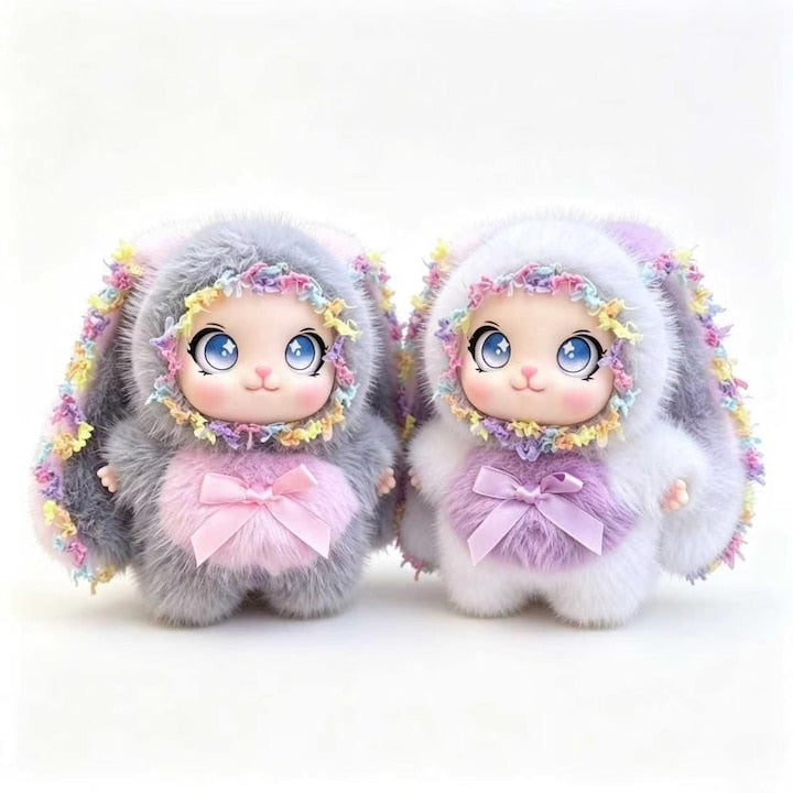 Set of 2 Plush Bunny Toys, 18 cm, with Floppy Ears, Vinyl Face, White and Grey, Keychain