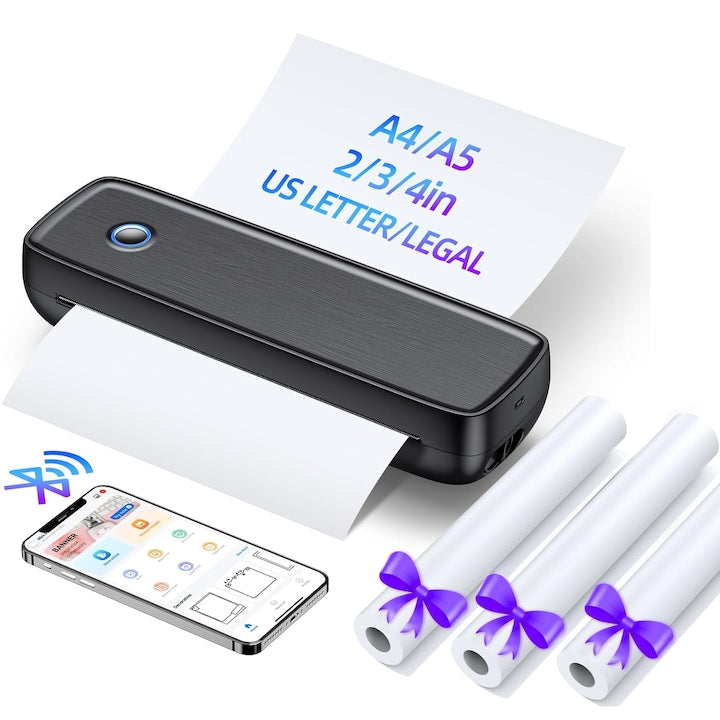 A4 Portable Thermal Printer, Direct Thermal Printing, Bluetooth, USB, Compatible with iOS / Android / Windows / MacOS, 2600 mAh Battery, Includes 3 Paper Rolls, Supports 8.5 x 11 Inch/A4 and A5 Thermal Paper, Black