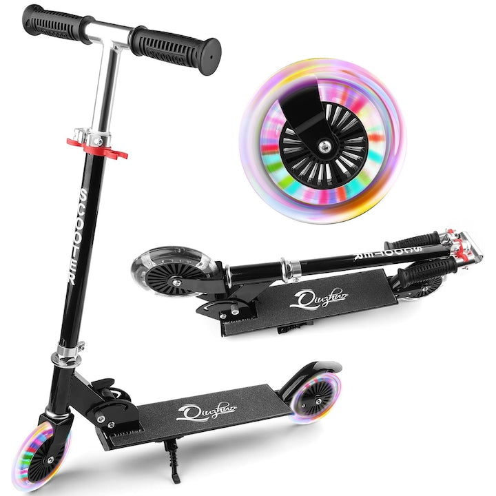 JFYU Foldable Scooter Set, LED Wheels, Three-level Height Adjustment, Front and Rear Suspension, 27.6x31.5 inch, Suitable for Children Over 6 Years Old, Black