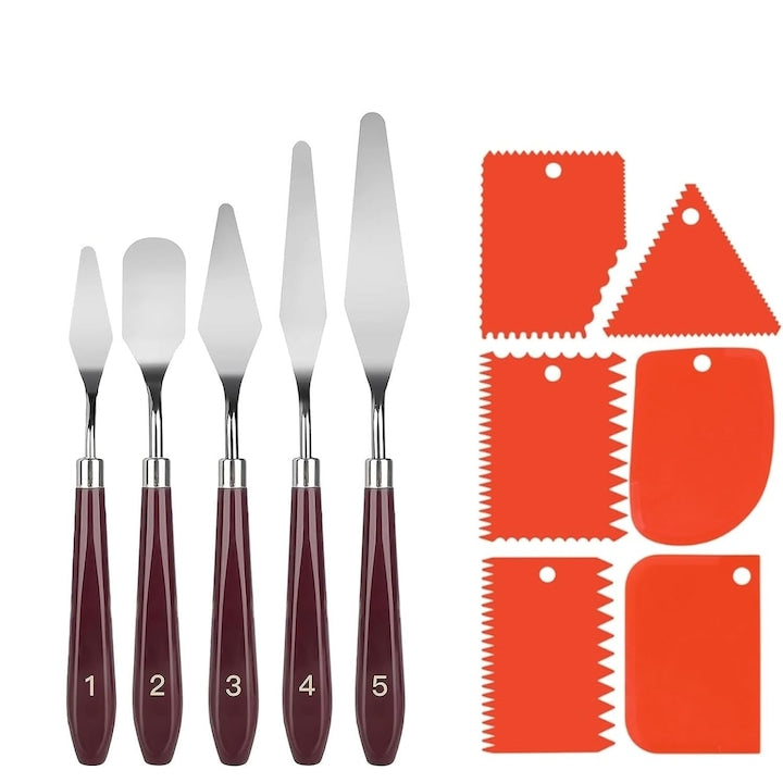 Set of 11 painting spatulas, not easy to rust or corrode, easy to clean. Ideal for paint, oil, acrylic, ergonomic design, various sizes. Silver/Brown