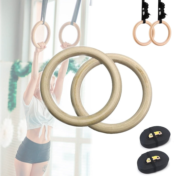 Inele Gimnastica SANSES din Lemn cu Chingi Diametru 23.5 cm Carabiniere cu Filet pentru Stabilitate si Siguranta Antrenament Functional Calisthenics Gimnastica Fitness Negru