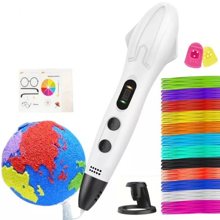 WALALLA 3D Printing Pen Set with LED Display, Two Modes PLA/ABS, 1.75mm PLA Filament, 12 Colors, 3m Strips, with Accessories, White