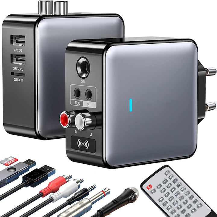 Adaptor Bluetooth Receptor SANSES Audio 3 in 1 Bluetooth 5.3 Port Audio de 3.5 mm Transmitator si Receptor TX/RX Functie de Incarcare Rapida DC2.1A Telecomanda Suport Microfon Slot Card de Memorie si Stick USB 100-240 V Gri