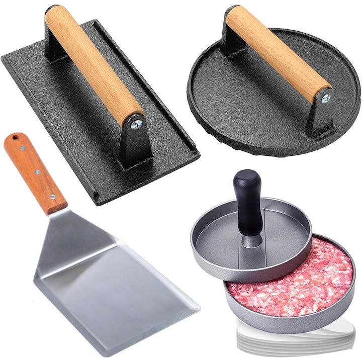 Set pentru chiftele de hamburger Walalla presa rotunda si dreptunghiulara din fonta rezistenta pentru chiftele de bacon spatula aparat de facut chiftele de hamburger si hartie de copt potrivit pentru gratare si prajitoare bucatarie si picnicuri