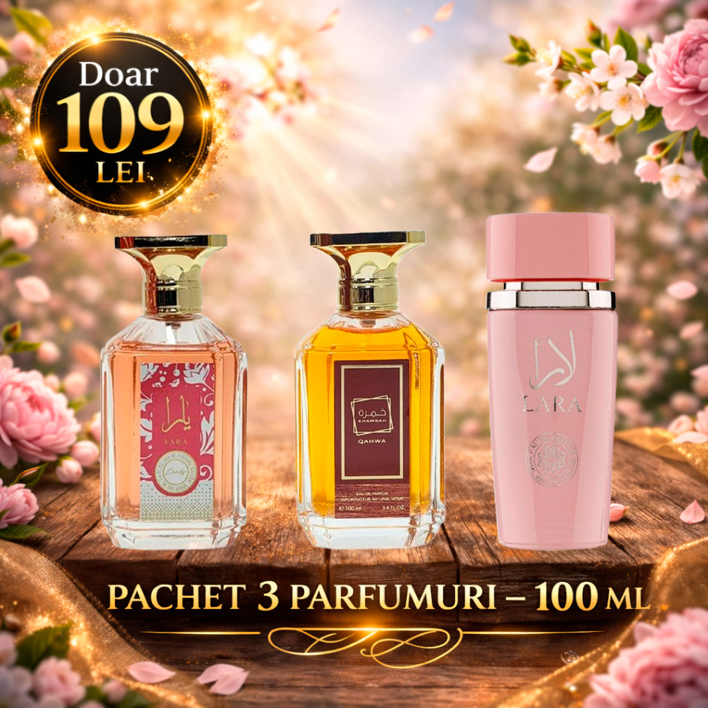 Pachet 3 Parfumuri 100 ml Yara Candy , Lara Pink , Khamrah Qahwa