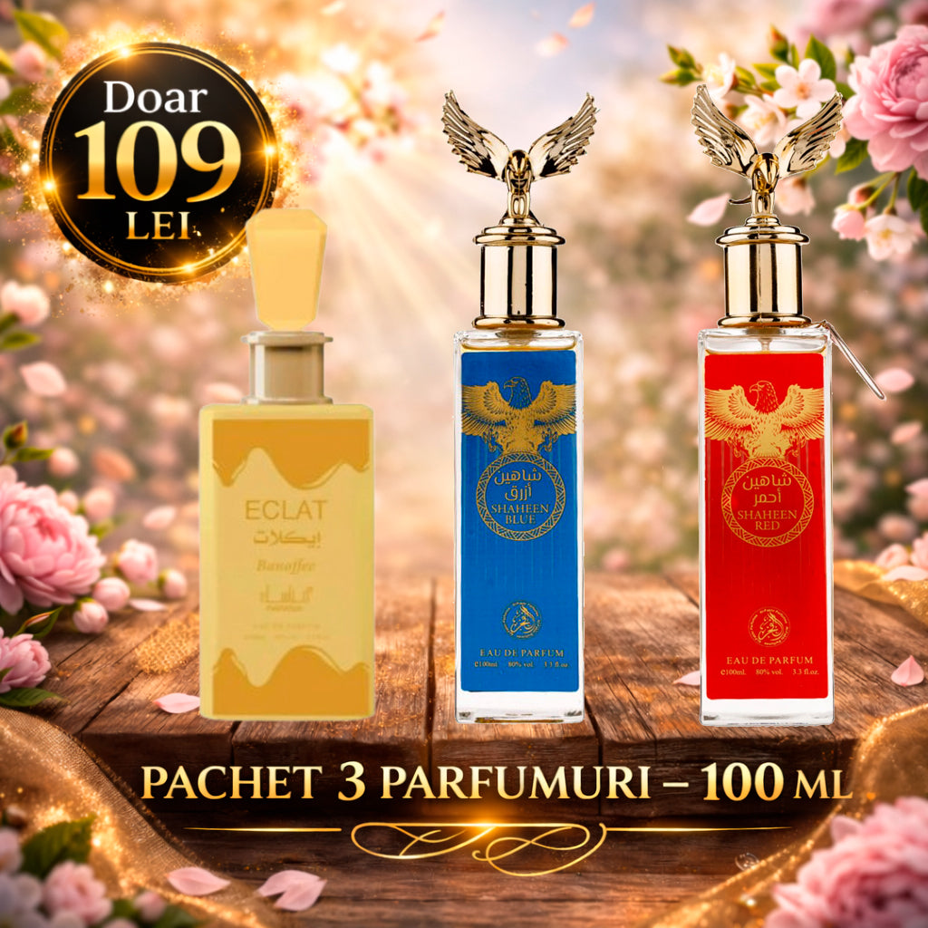 Pachet 3 Parfumuri 100 ml Shaheen Red , Shaheen Blue , Eclat Banoffee