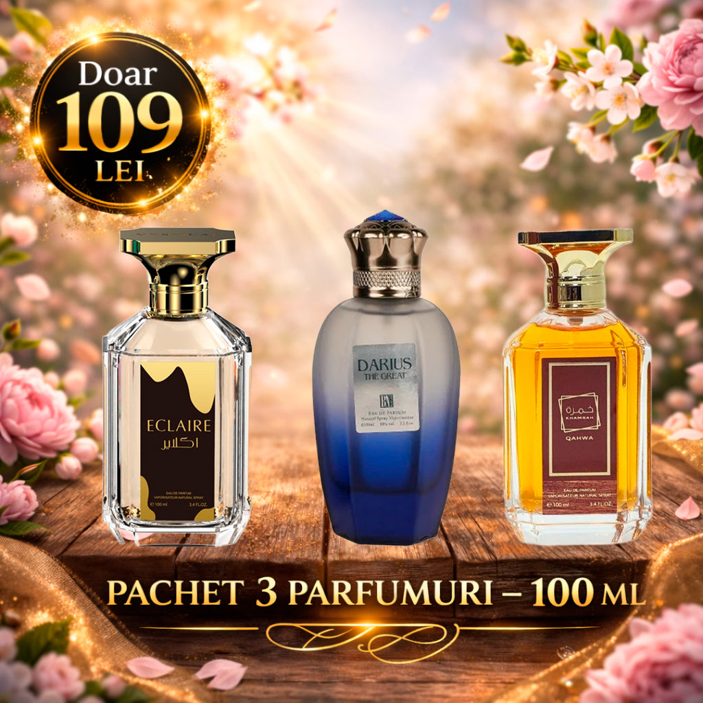 Pachet 3 Parfumuri 100 ml Darius The Great , Khamrah Qahwa , Eclaire Black