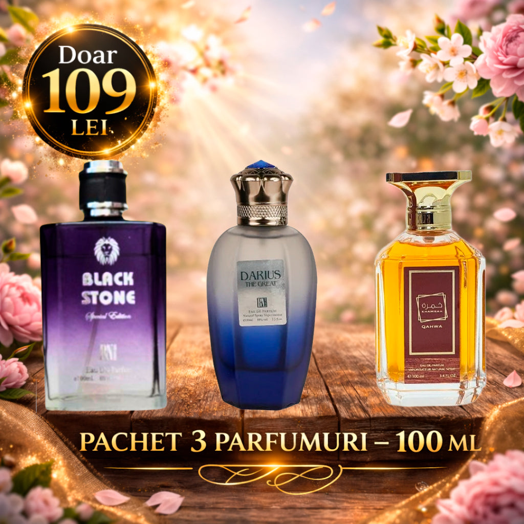 Pachet 3 Parfumuri 100 ml Darius The Great , Khamrah Qahwa , Black Stone