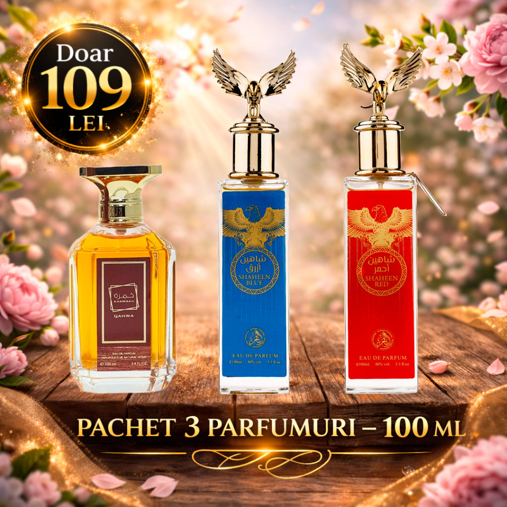 Pachet 3 Parfumuri 100 ml Shaheen Blue , Khamrah Qahwa , Shaheen Red