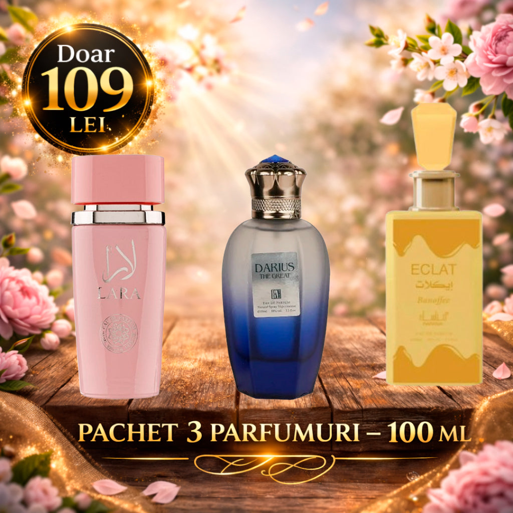 Pachet 3 Parfumuri 100 ml Darius The Great , Eclat Banoffee, Lara Pink