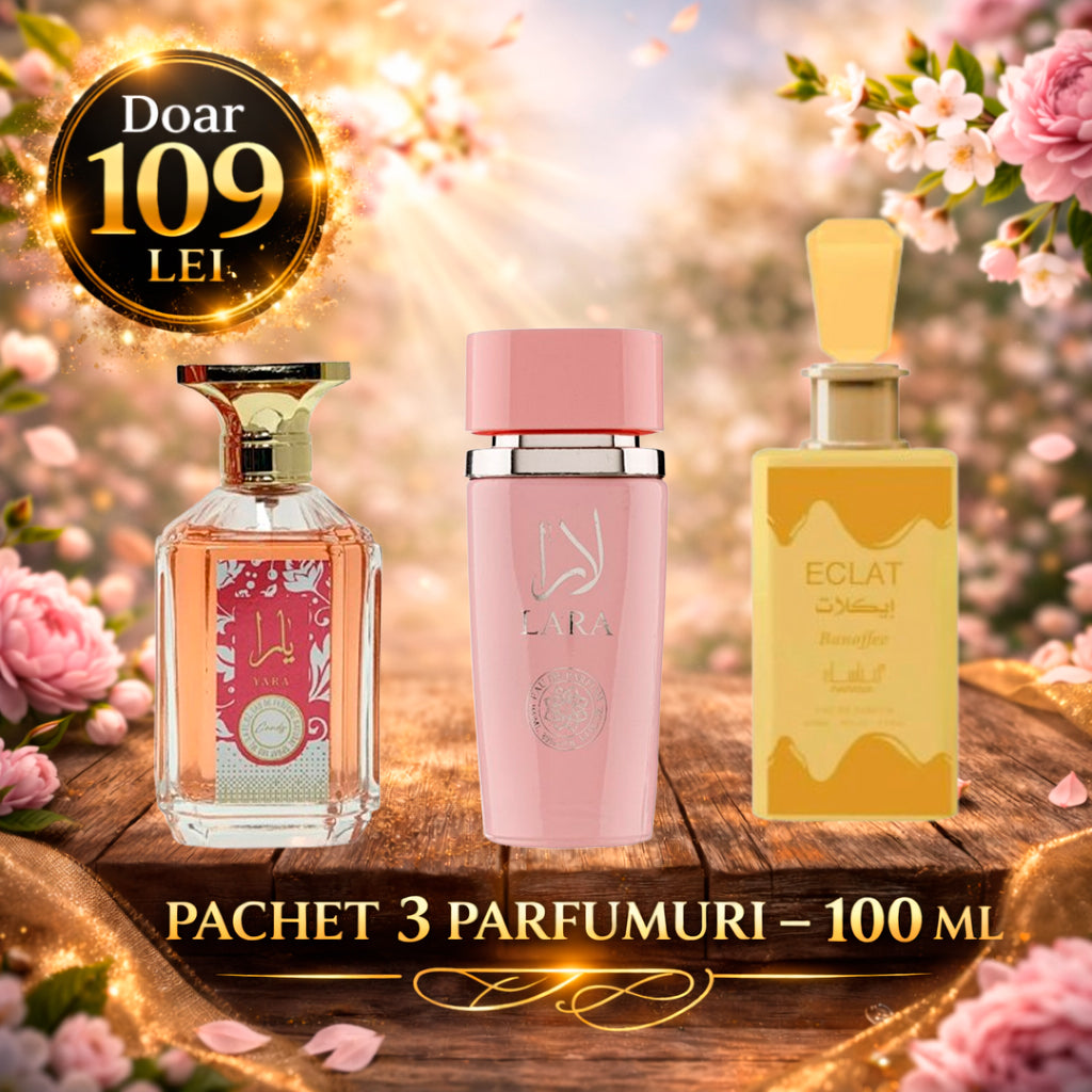 Pachet 3 Parfumuri 100 ml Yara Candy , Lara Pink , Eclat Banoffee