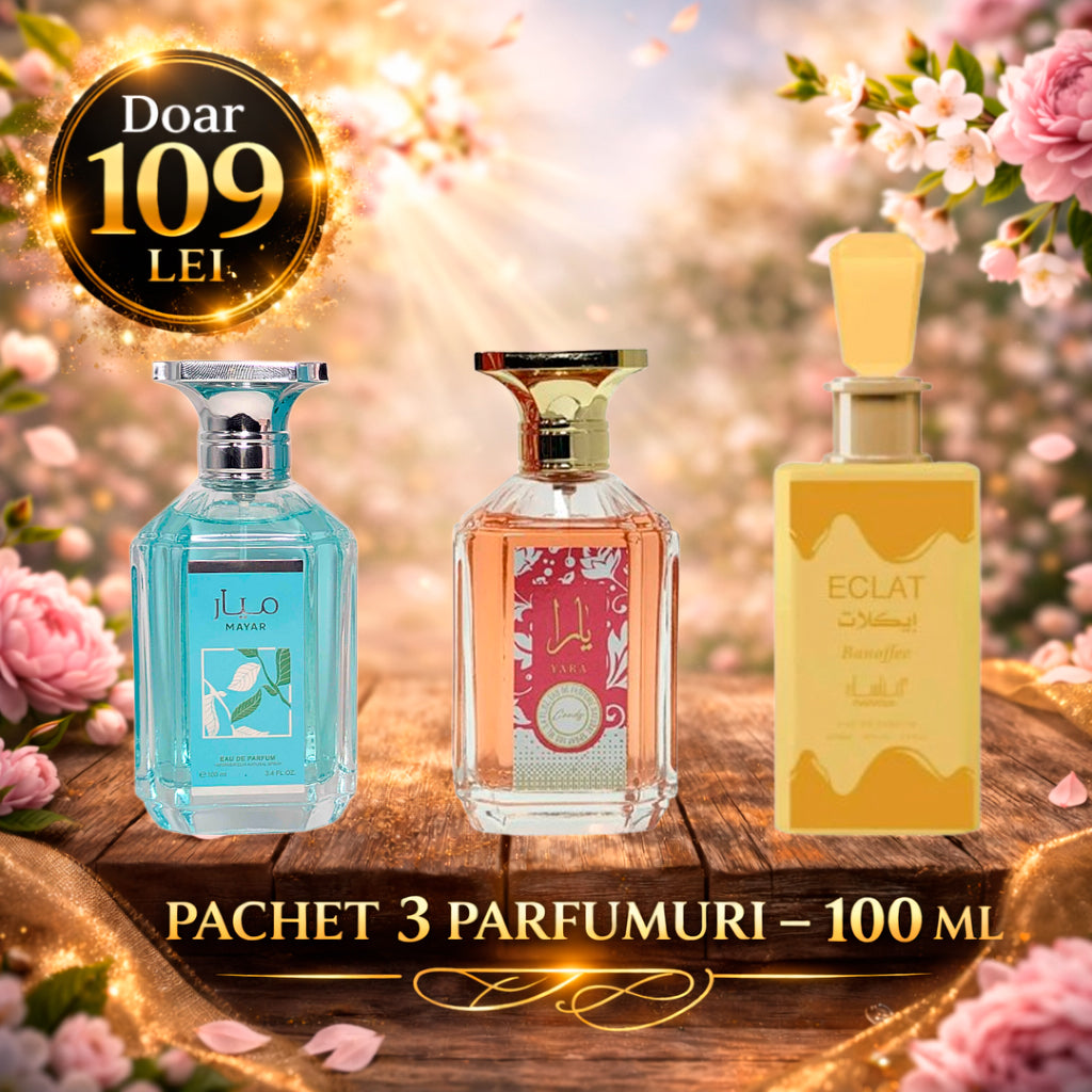 Pachet 3 Parfumuri 100 ml Yara Candy , Mayar Natural Intense , Eclat Banoffee