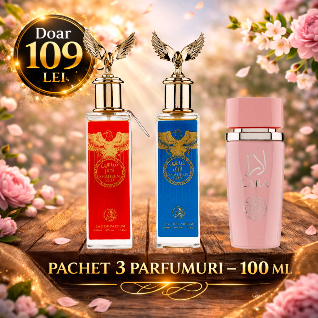 Pachet 3 Parfumuri 100 ml Shaheen Blue , Lara Pink , Shaheen Red