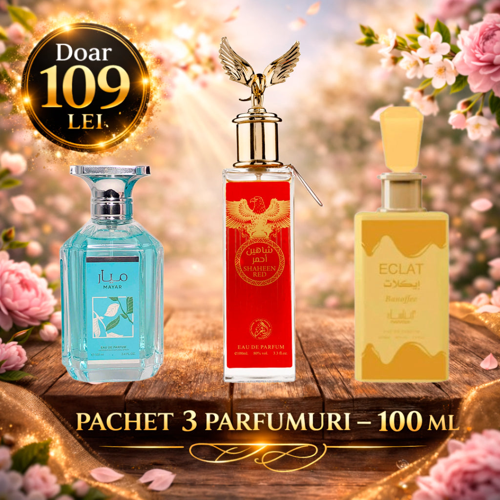 Pachet 3 Parfumuri 100 ml Shaheen Red , Mayar Natural Intense , Eclat Banoffee