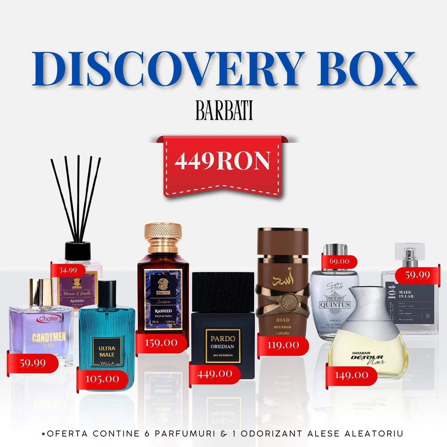 Discovery Box Barbati compus din 6 parfumuri surpriza + 1 Odorizant Rasheed