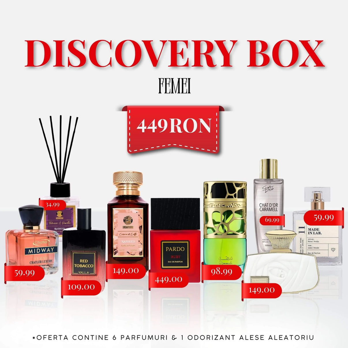 Discovery Box Femei compus din 6 parfumuri surpriza + 1 Odorizant Rasheed