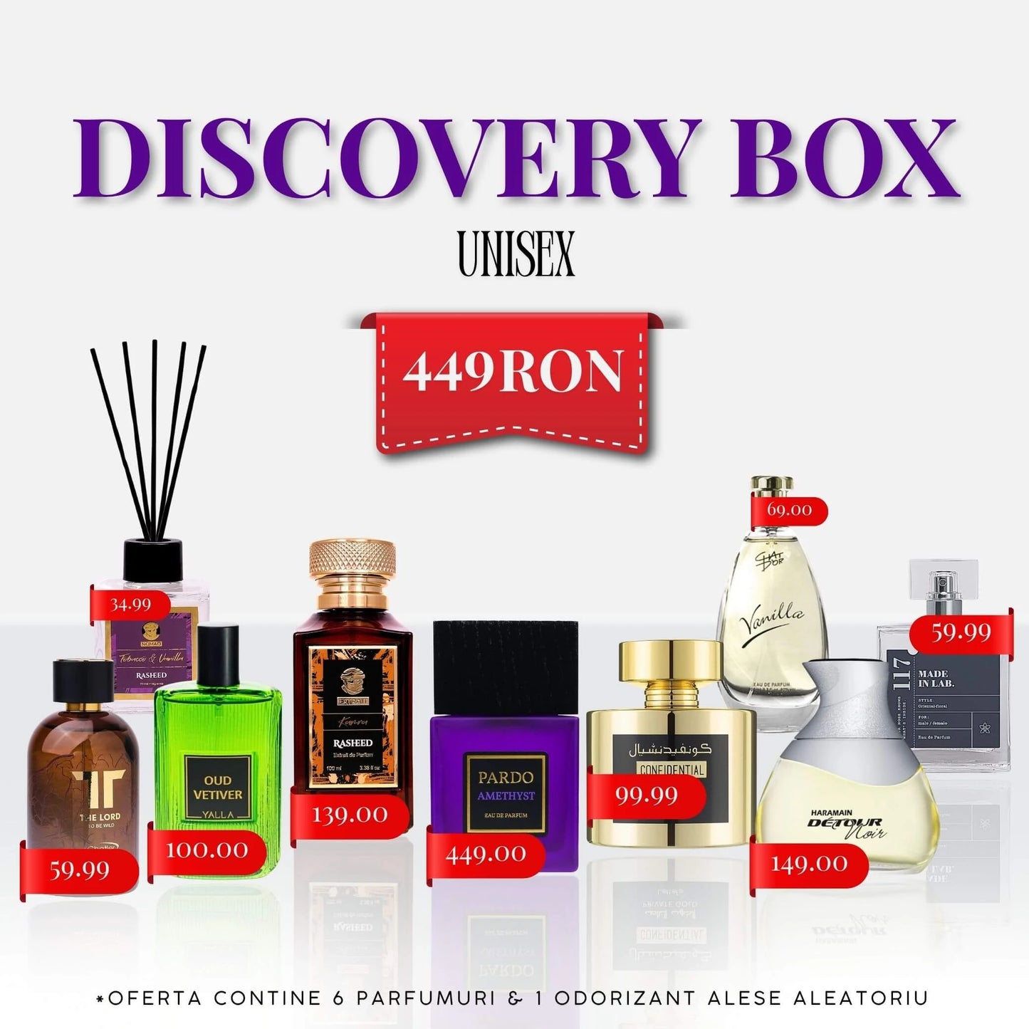 Discovery Box Unisex compus din 6 parfumuri surpriza + 1 Odorizant Rasheed