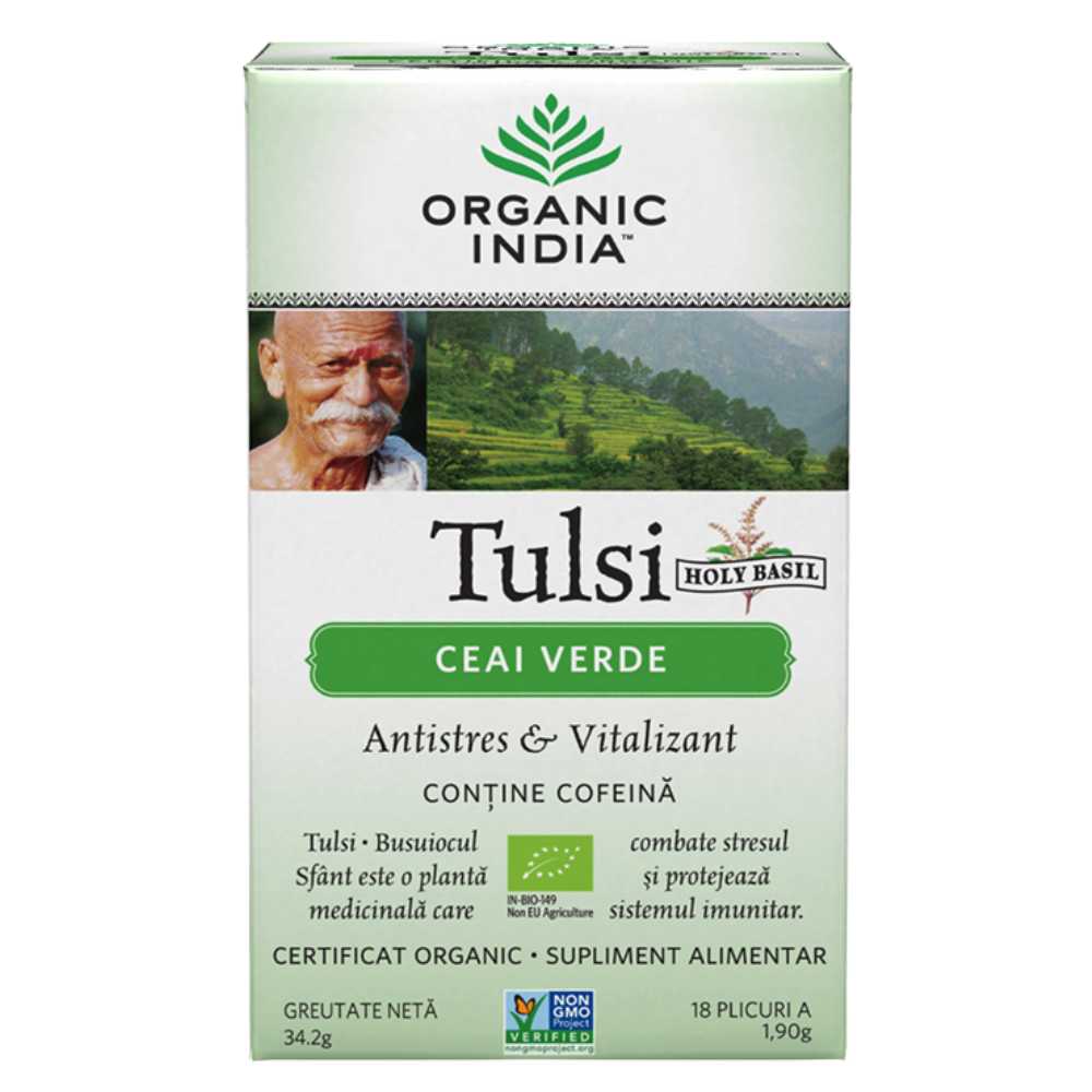 Organic India Ceai Adaptogen Tulsi Ceai Verde, 18 plicuri