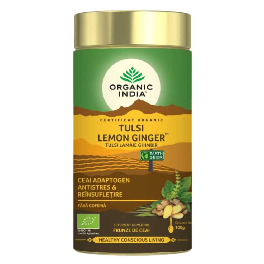 Organic India Ceai Adaptogen Tulsi Lamaie Ghimbir, 100g