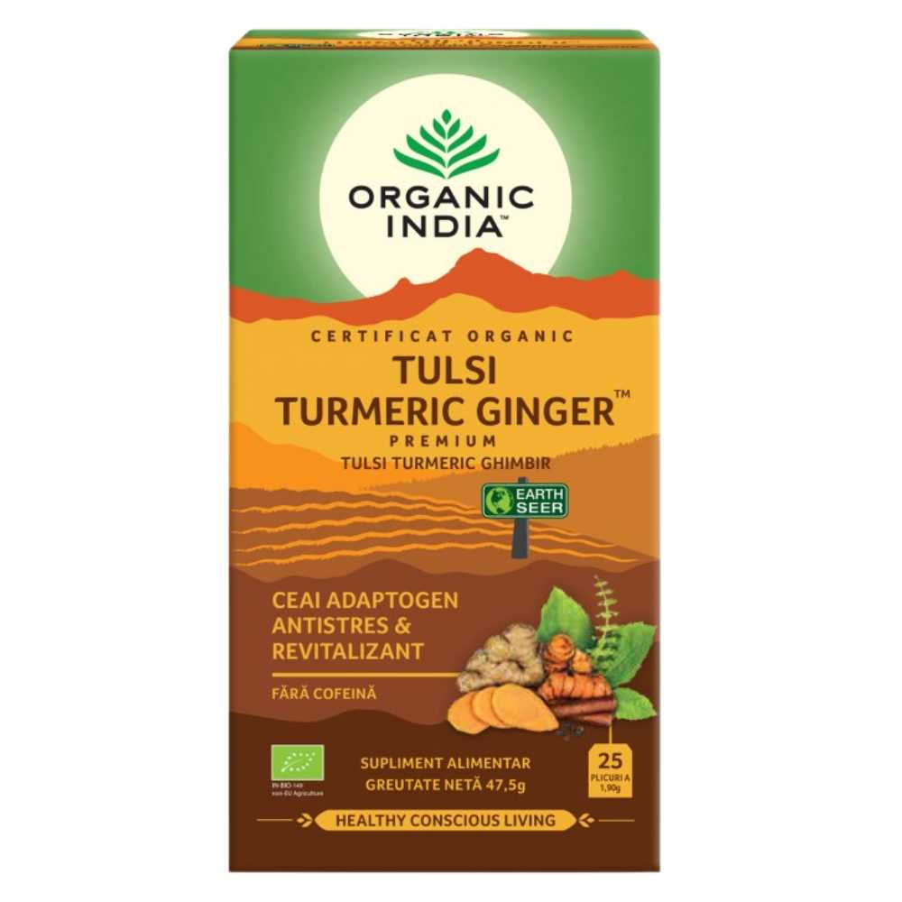 Organic India Ceai Adaptogen Tulsi Turmeric si Ghimbir, 25 plicuri