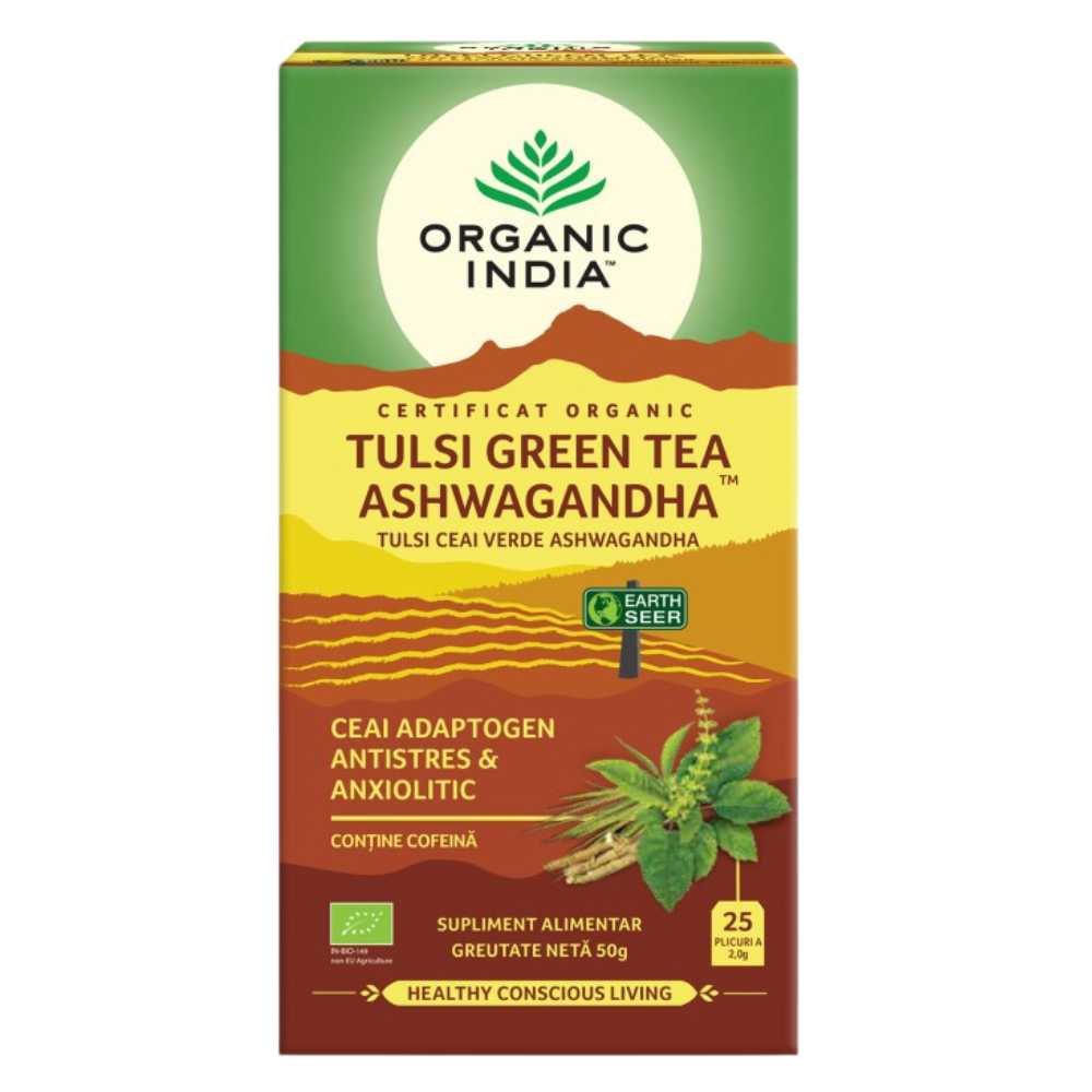 Organic India Ceai Tulsi Ashwagandha si Ceai Verde Adaptogen si Anxiolitic, 25 plicuri