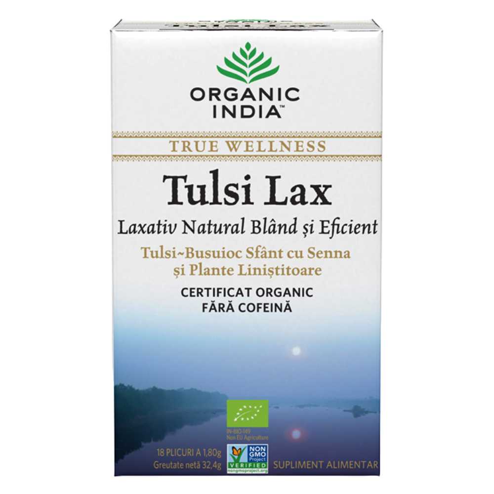 Organic India Ceai Tulsi Lax Ceai Laxativ Bland si Eficient cu Senna, 18 plicuri
