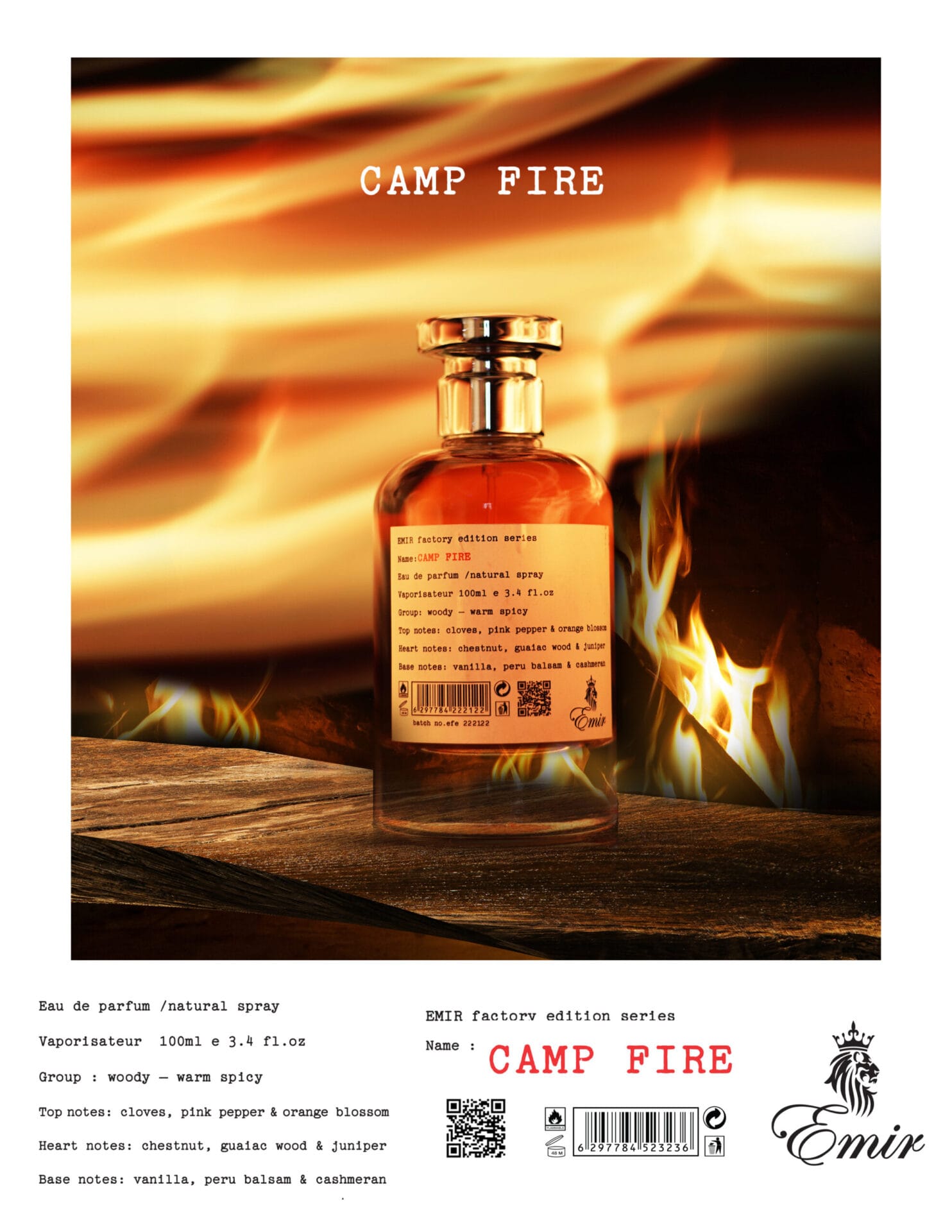 Apa de Parfum Emir, Camp Fire Factory Edition, Unisex, 100 ml
