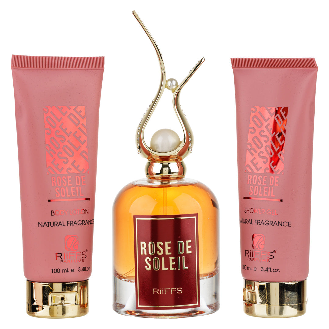 Set Cadou Rose De Soleil Apa de Parfum 100ml + Gel De Dus 100ml + Lotiune de corp 100ml By Riiffs Parfum Arabesc Dama