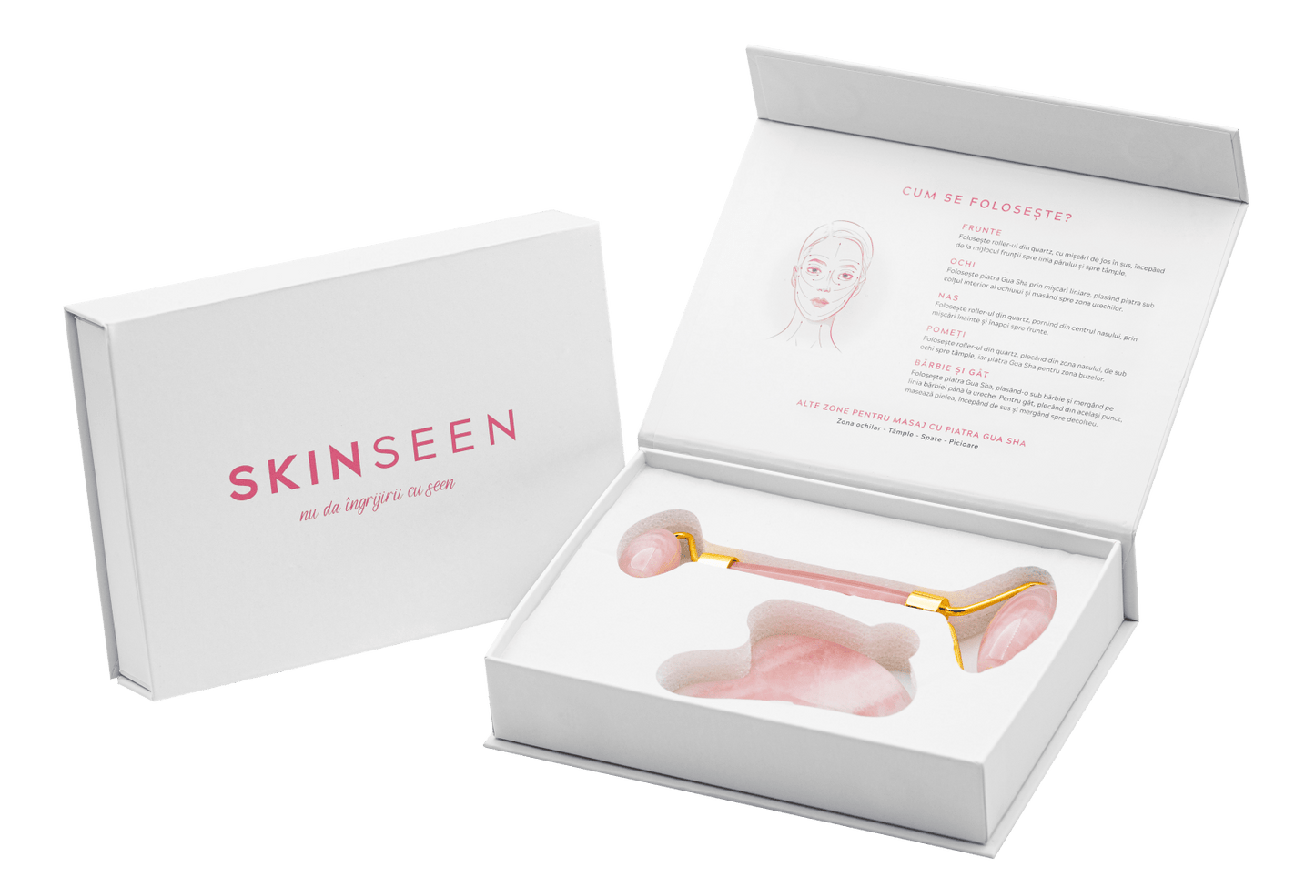 ROSE QUARTZ SET - Set Masaj Facial Roller Si Piatra Gua Sha Din Quartz