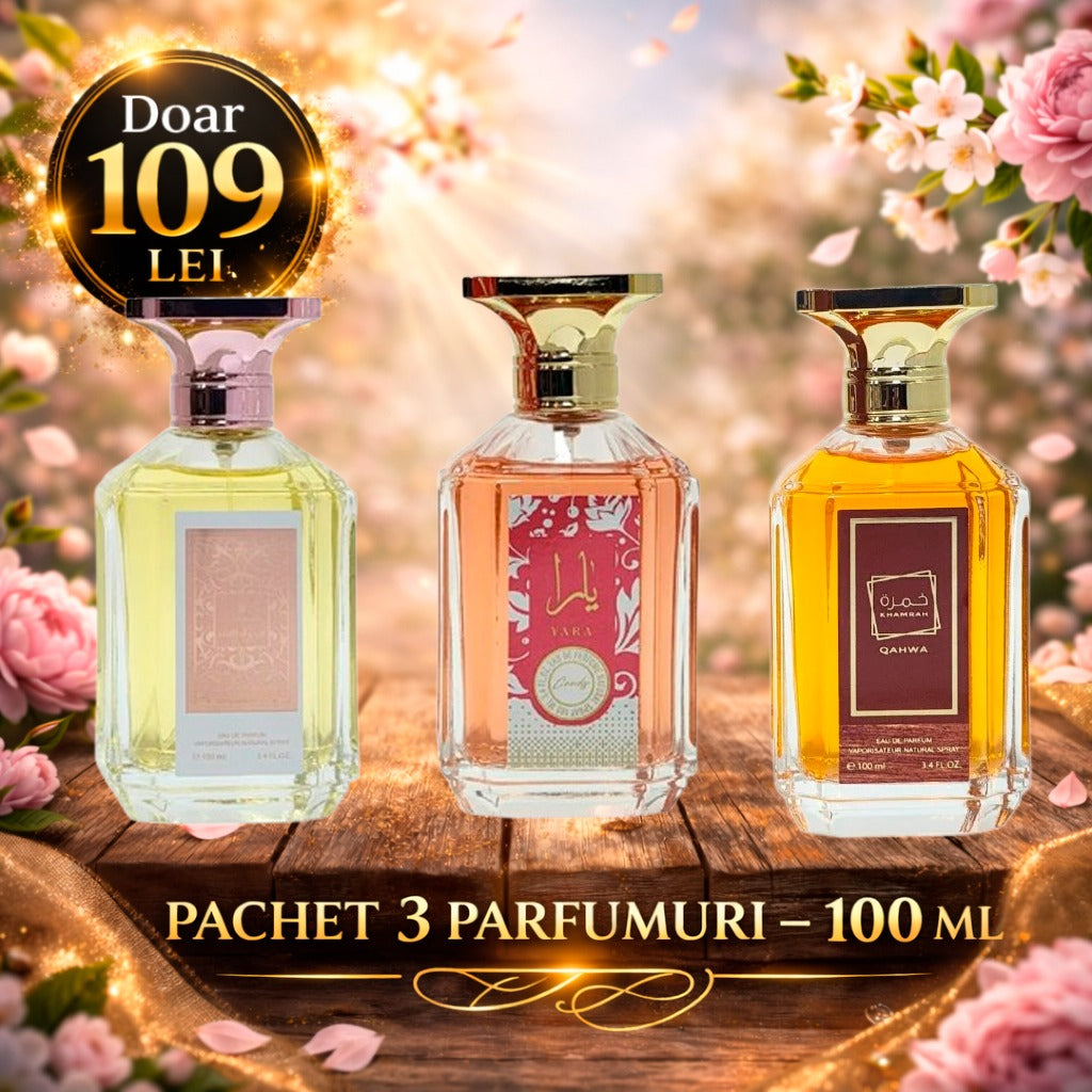 Pachet 3 Parfumuri 100 ml Fakhar Dama , Yara Candy Dama , Khamrah Qahwa Unisex