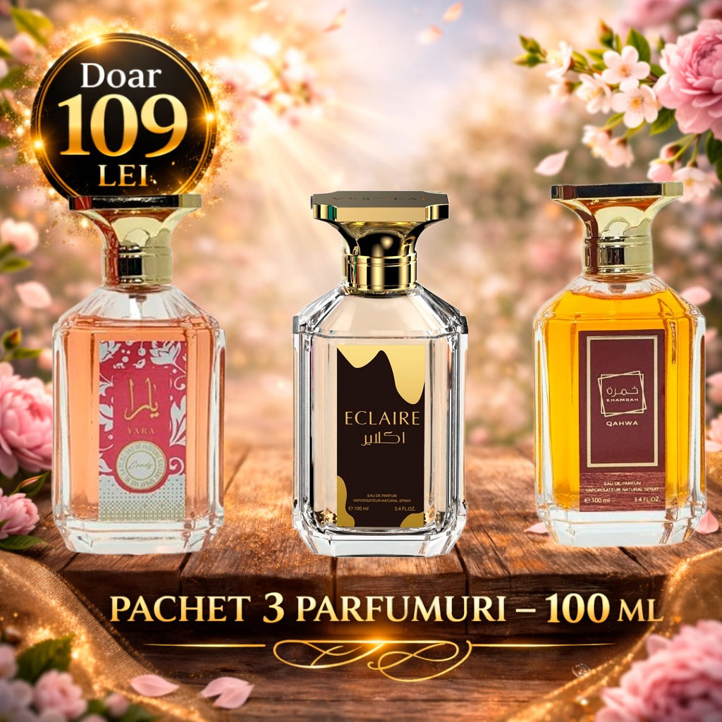 Pachet 3 Parfumuri 100 ml Eclaire Black Barbatesc , Khamrah Qahwa Unisex , Yara Candy Dama