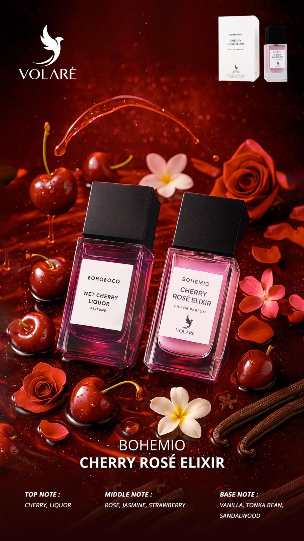 Apa de Parfum Volare Bohemio Cherry Rose Elixir, Unisex, 100 ml