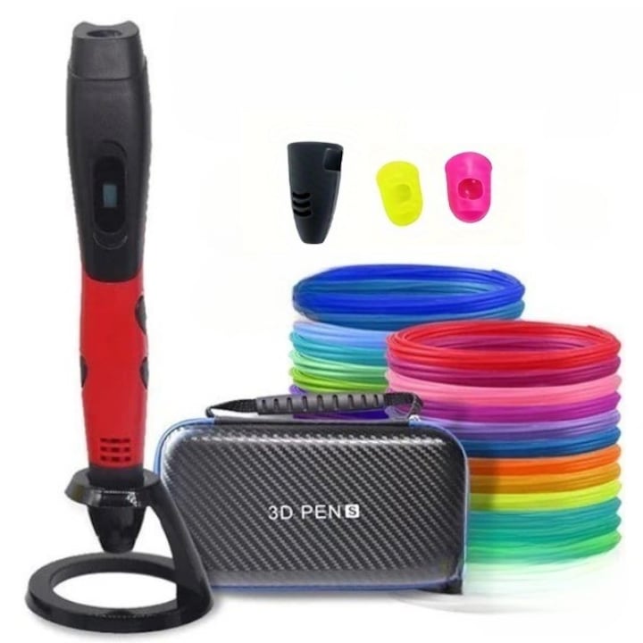 WALALLA 3D Printing Pen Set with LED Display and Portable Storage Bag; includes 12 colors of 1.75mm PLA filament (3 meters per color) red