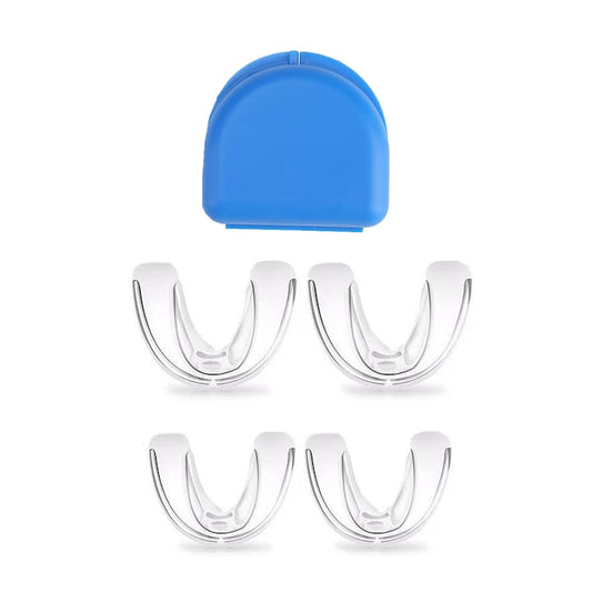 Set 4 gutiere impotriva scrasnitului din dinti  AFKSMILE  Cutie Inclusa  material termoactiv ce se muleaza perfect pe arcada dentara  Prentu sforaitului  Rezistenta la praf  Portabil  EVA  5.5*4.6*1.5cm/6.6*5.4*1.8cm  Transparent