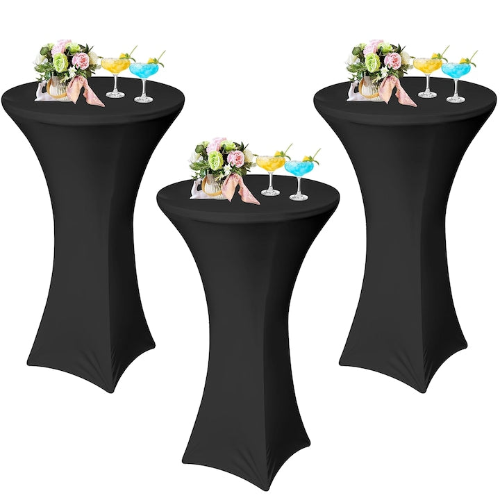 Set of 3 event table covers, elastic cover, round shape, elastic tablecloth for cocktail table, easy to install and remove, d 75-85 cm, h 110-120 cm, Black
