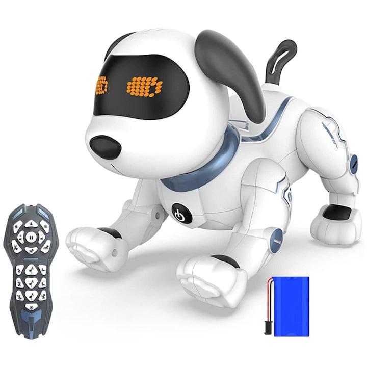 Caine Robot Inteligent  Omelivon  3 ani+  cu Telecomanda  Control Vocal  Dans si Functii Programabile  Interactiv Tactil  Muzica Interactiv  7 Comenzi  1 Acumulatori  Jucarie Robotica Pentru Caines  Alb/Albastru