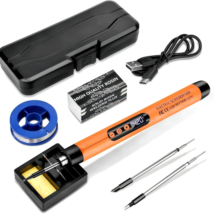 Set pistol de lipit wireless portabil  Pistol de lipit portabil  cu incarcare USB  ecran LCD  6 accesorii  Temperatura reglabila  1000mAh  Pentru repararea aparatelor electrocasnice  componente electronice  portocaliu