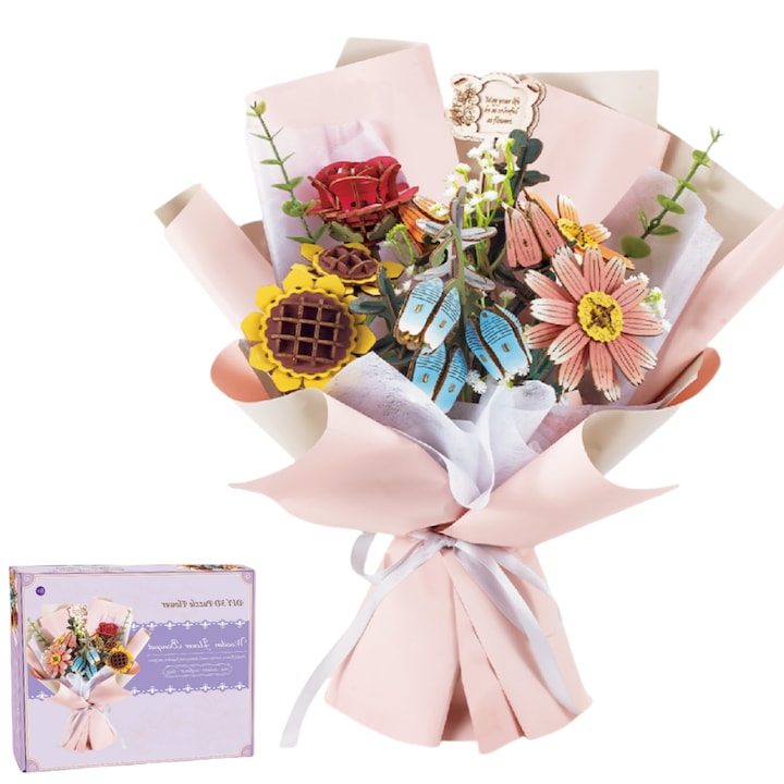 Set de constructie buchet de flori  Din lemn  Handmade diy  3d puzzle tridimensional  Trandafiri  floarea-soarelui  margarete  flori de clopot  Potrivit pentru ziua de nastere  Valentine's Day