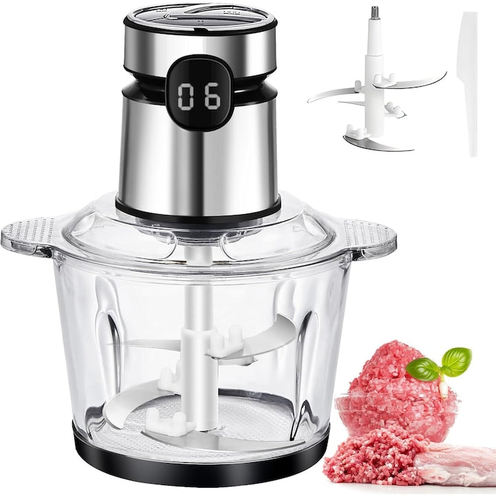 Tocator electric multifunctional  Juksun  Masina de tocat carne  pentru amestecarea aluatului  carnii  nucilor  fructelor  usturoiului si legumelor  200W  2L  argintiu