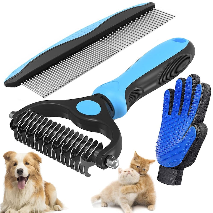 Perie/Manusa pentru ingrijirea animalelor de companie  Axroad Mall  Tesala si perie trimmer 2 in 1  17+9 dinti  Pentru descalcirea si inlaturarea blanii  Pentru caini si pisici  Inox/TPR/TPE/poliester  Albastru inchis/negru