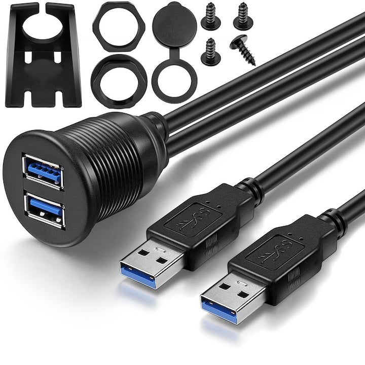 Cablu prelungire USB 3.0 PsAyl  2 porturi tata-mama  montare incastrată  rezistent la apă  1m  negru