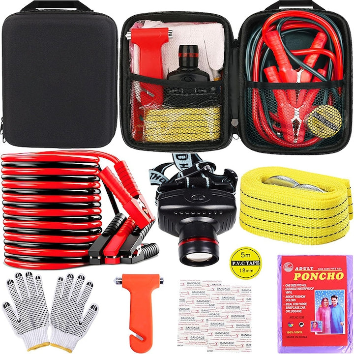 Kit de urgenta auto  cabluri de pornire  lanterna  kit de asistenta rutiera pentru siguranta auto  far  curele de remorcare  ciocane de siguranta  imbracaminte de ploaie  manusi  WALALLA  Negru