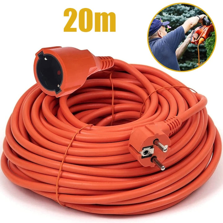 20m Flexible Extension Cord, Orange, Abrasion Resistant, PVC Jacket, Extra Long Power Cord, Cord and Plug, For Lawn Mowers, Power Tools and Vacuum Cleaners