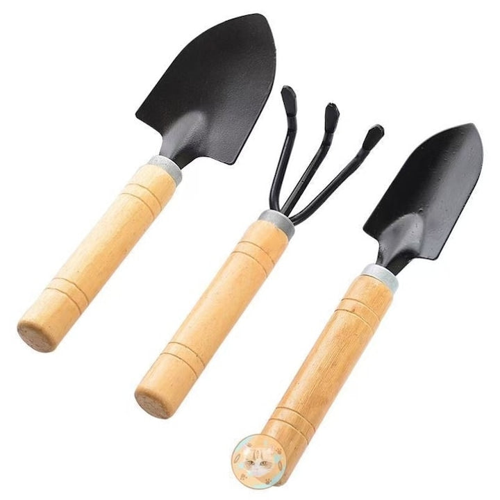 Set 3 unelte de gradinarit  maner din lemn  cap din fier  negru/natur