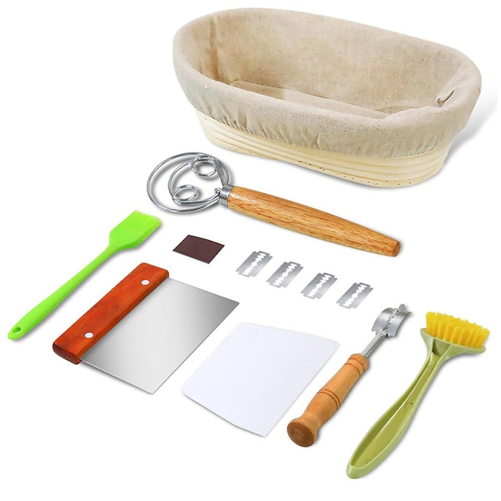Set cos oval si instrumente  Rqiurpn  Diametru 25 cm  Usor de curatat  Pentru dospit aluat  Ratan