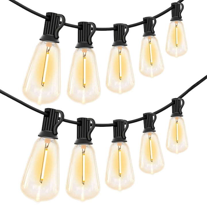 Ghirlanda luminoasa pentru exterior  25 becuri LED E12 + 1 bec de rezerva  rezistenta la apa  interconectabila  15 m  pentru gradina si terasa  lumina calda  OUYLAF