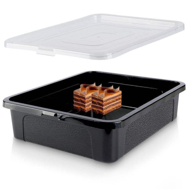Recipient Pentru Prajituri  Vilde  40x33x10 cm  Fabricat Din Material De Inalta Calitate  Capac Cu Inchidere  Posibilitate De Stivuire  Potrivit Pentru Contactul Cu Alimentele  Negru Si Transparent