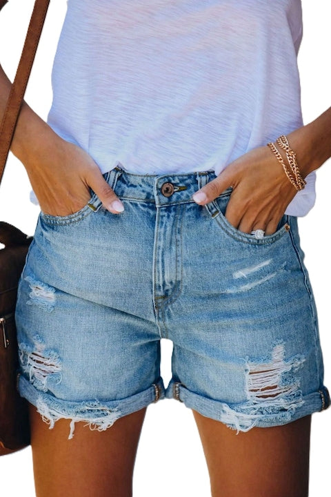 StreetWear Outlet - Women's Casual Denim Shorts with Slanted Pockets and Retro Ripped Look Blue 12 installments with 0% interest